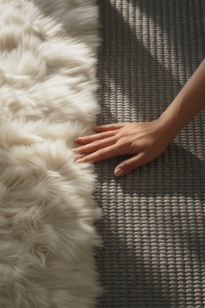 Comparison of high-pile and low-pile rugs highlighting texture and comfort levels.