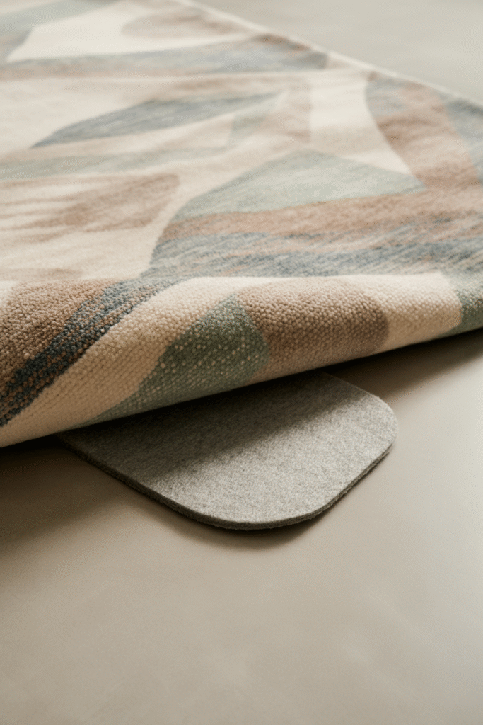 Felt rug pad under living room rug preventing slips and extending rug life.