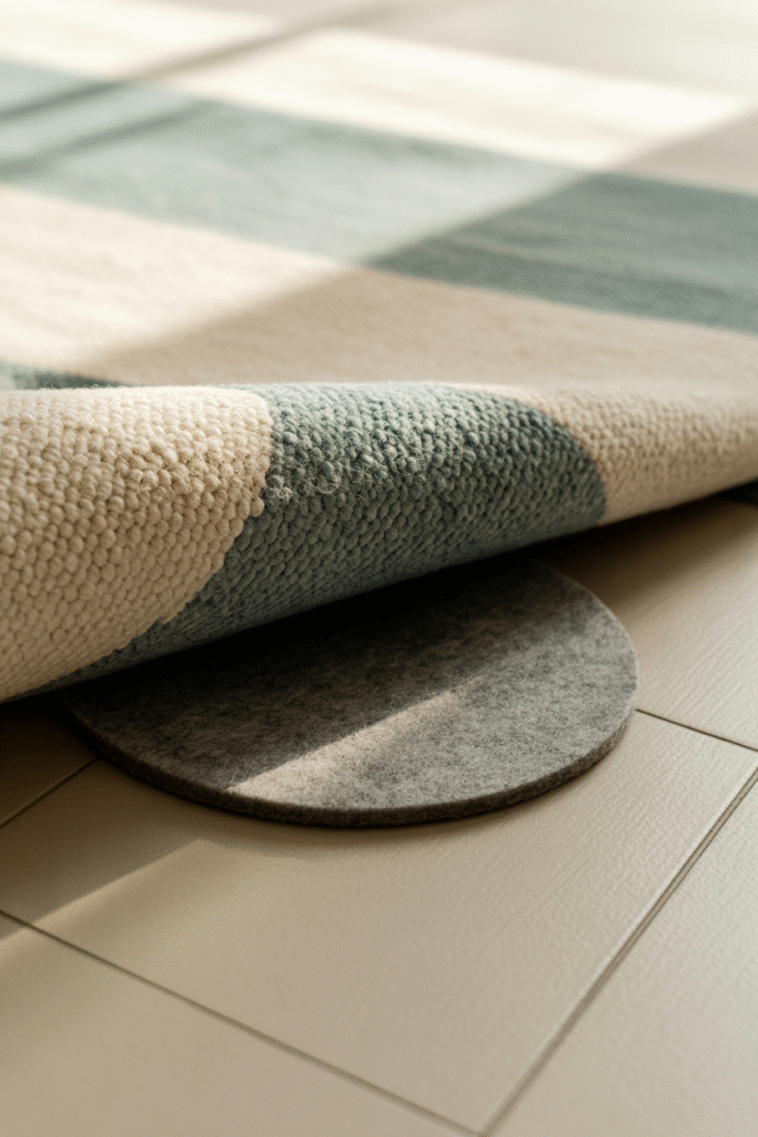 Felt rug pad under living room rug preventing slips and extending rug life.