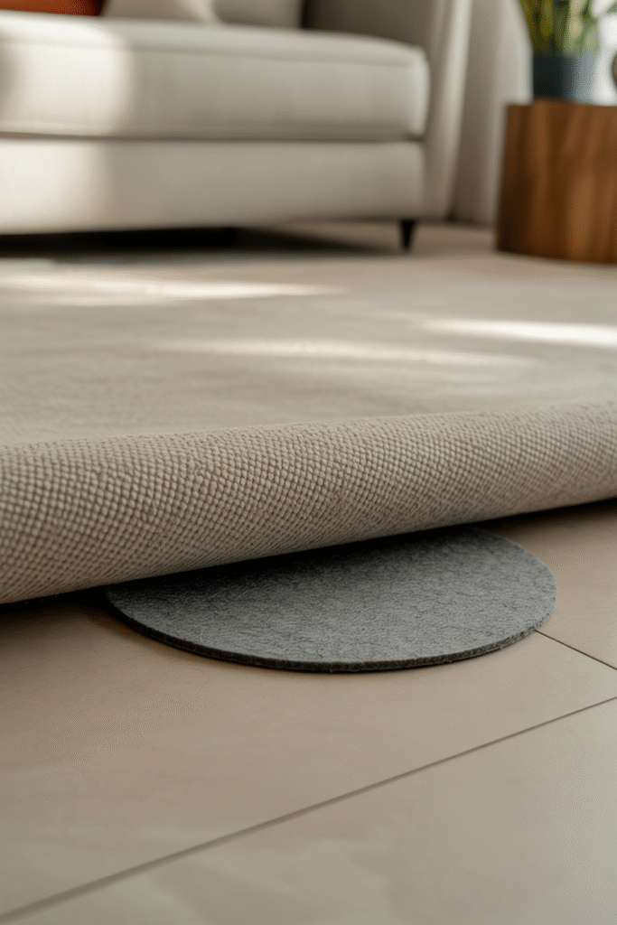 Felt rug pad under living room rug preventing slips and extending rug life.
