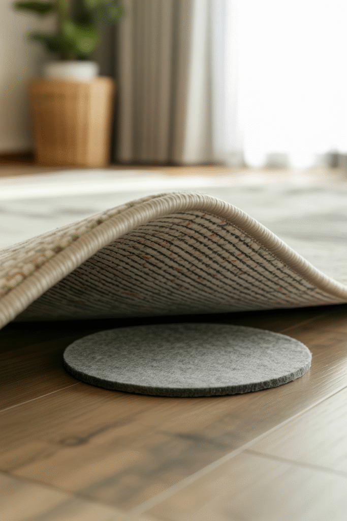 Felt rug pad under living room rug preventing slips and extending rug life.