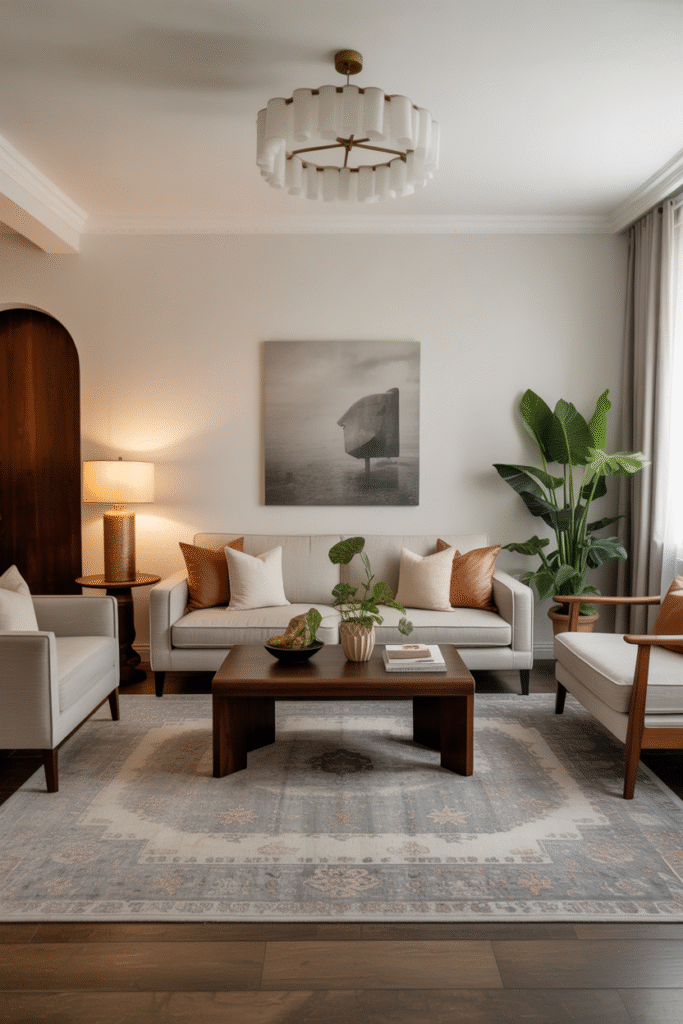 Large living room rug proportioned to furniture layout for cohesive visual balance.