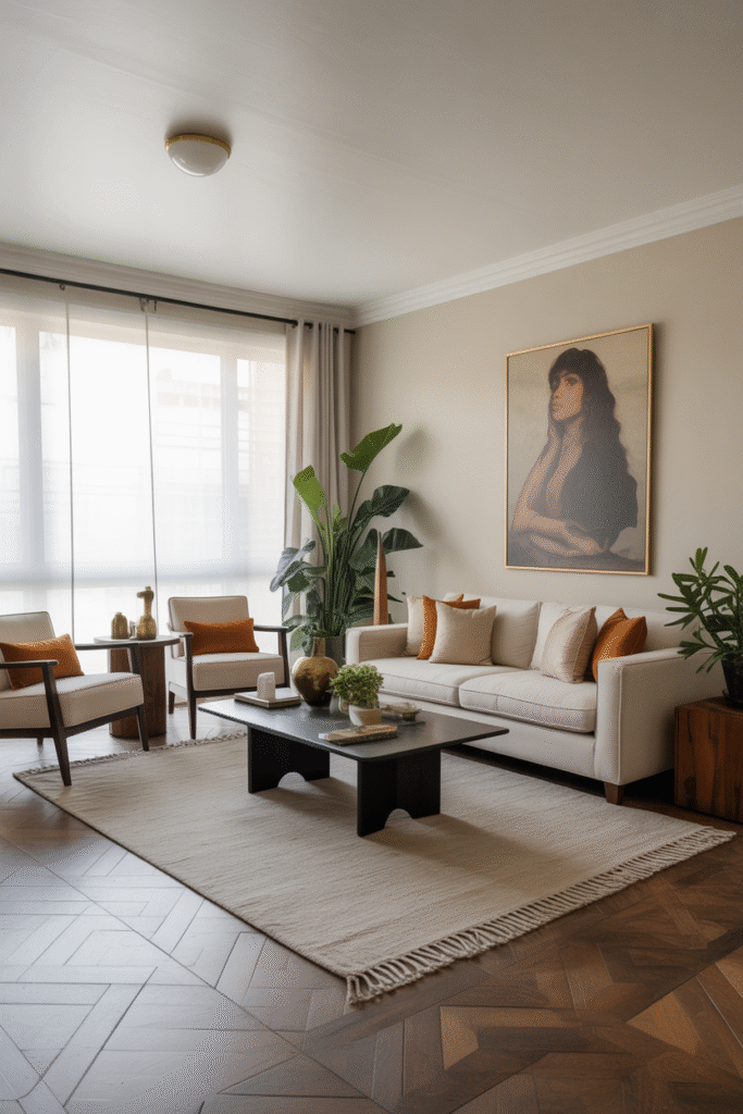 Large living room rug proportioned to furniture layout for cohesive visual balance.