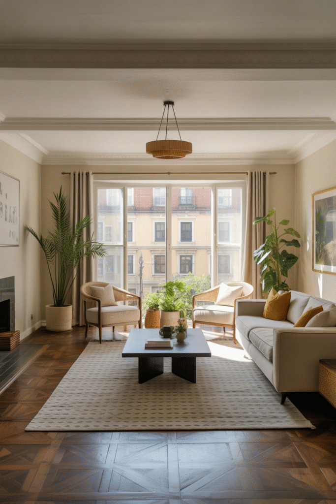 Large living room rug proportioned to furniture layout for cohesive visual balance.