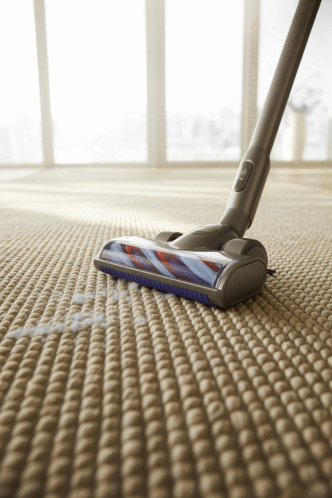 Easy-to-clean flatweave rug in bright living room highlighting low maintenance design.