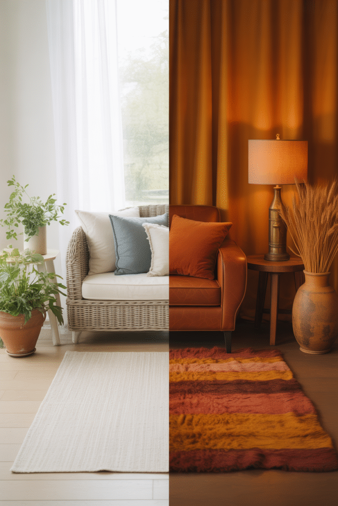 Seasonal rug styling showing light summer rug and warm winter wool rug in same space.