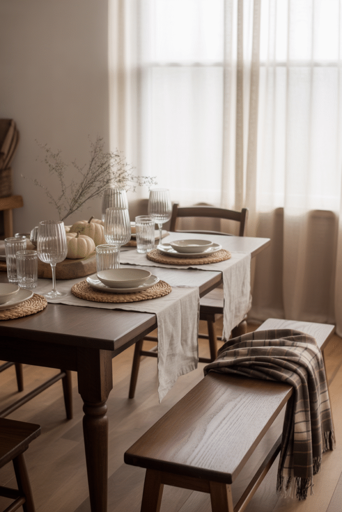 French farmhouse table styled with linen runners, seasonal decor, and cozy textiles.