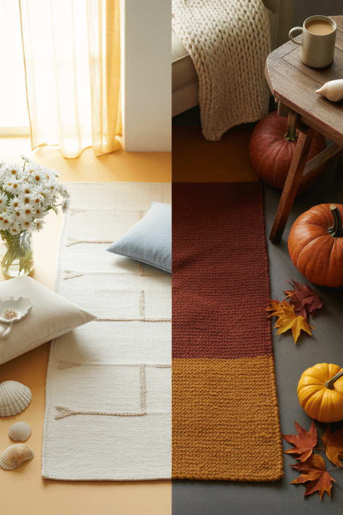 Seasonal rug styling showing light summer rug and warm winter wool rug in same space.