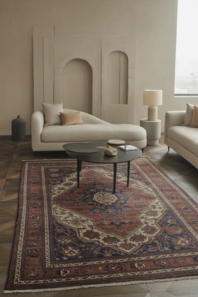 Statement Persian rug anchoring modern living room with timeless artisan detail.