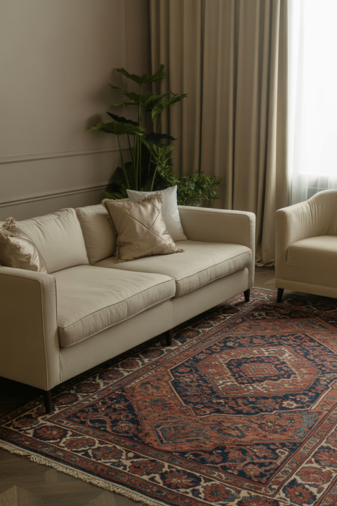 Statement Persian rug anchoring modern living room with timeless artisan detail.