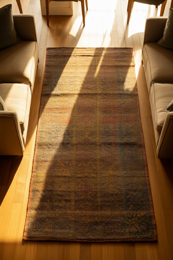 Rectangular rug in living room adding flow and balance to modern furniture layout.