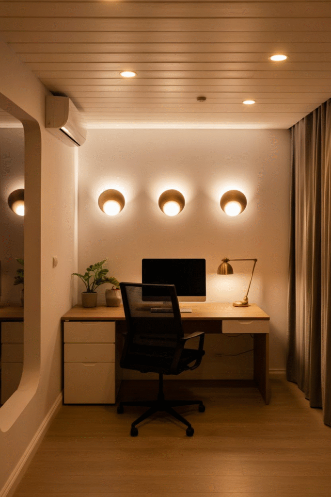 Basement office with no windows featuring layered lighting and warm LED illumination.