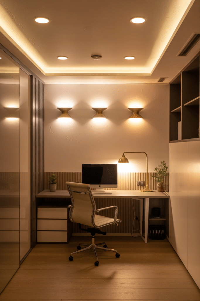 Basement office with no windows featuring layered lighting and warm LED illumination.