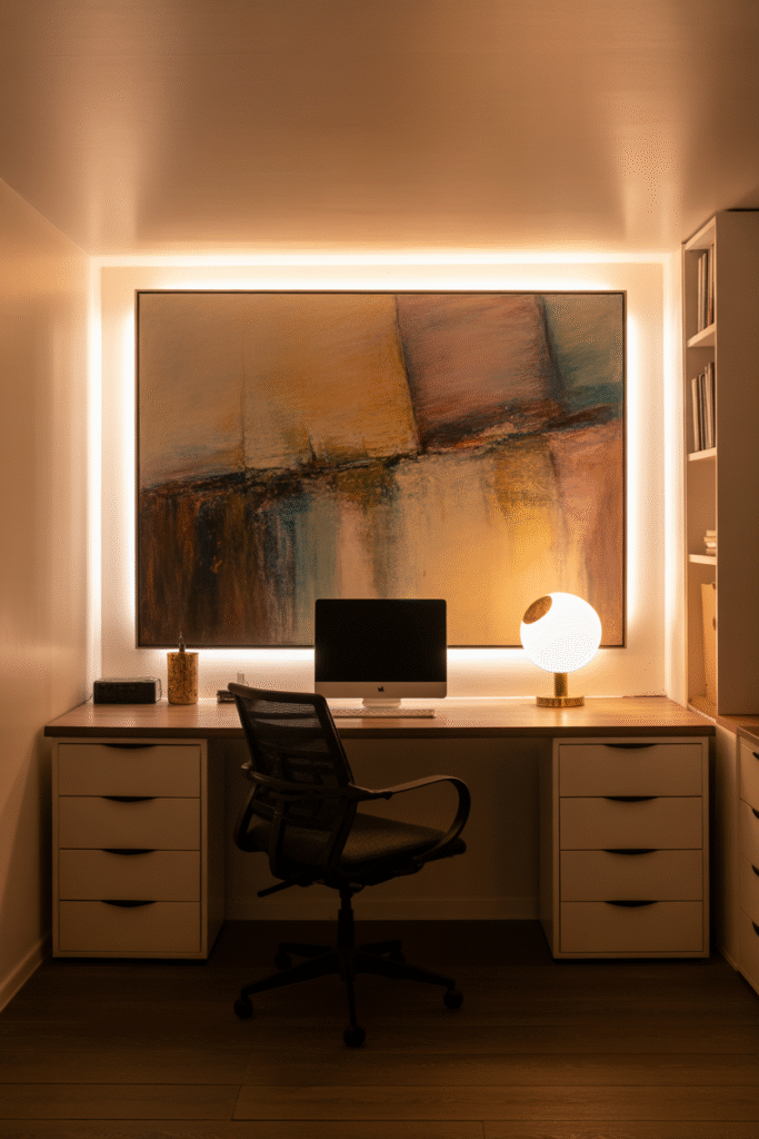 Windowless basement office with illuminated wall art serving as focal point.