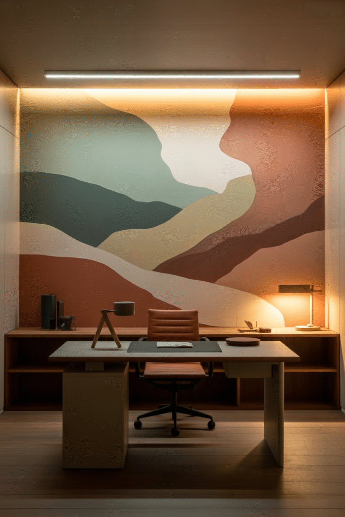 A modern basement office interior featuring a
windowless space anchored by a large abstract mural positioned behind a sleek wooden desk.