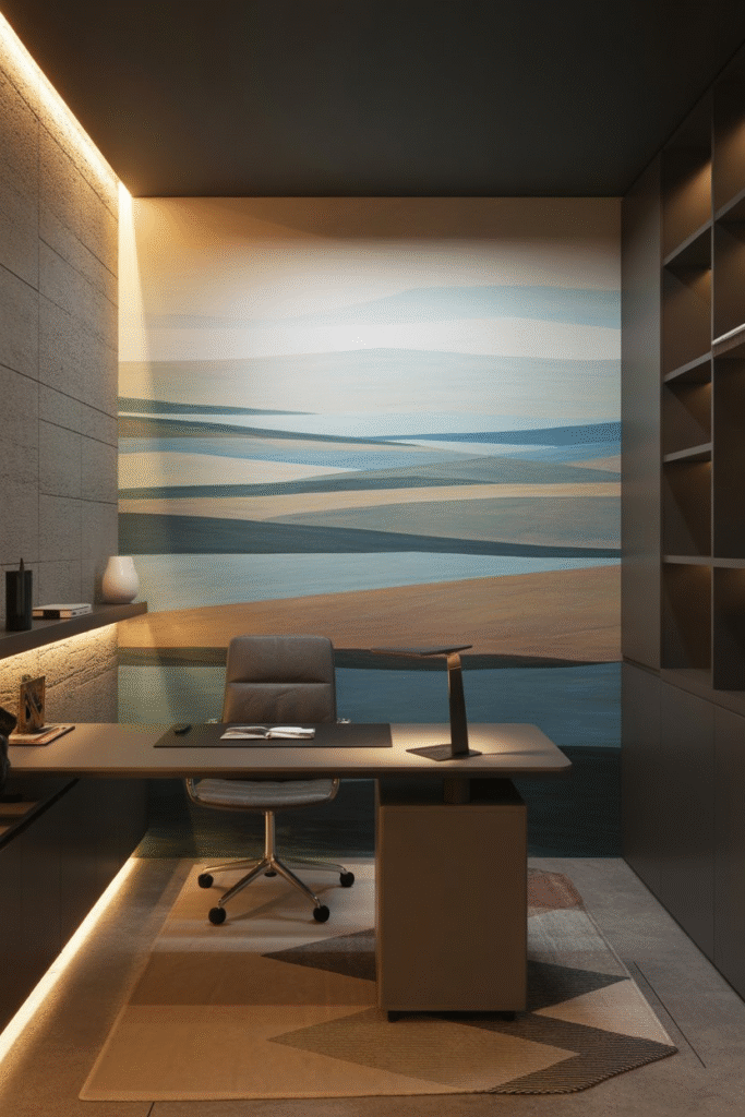A modern basement office interior featuring a
windowless space anchored by a large abstract mural positioned behind a sleek wooden desk.