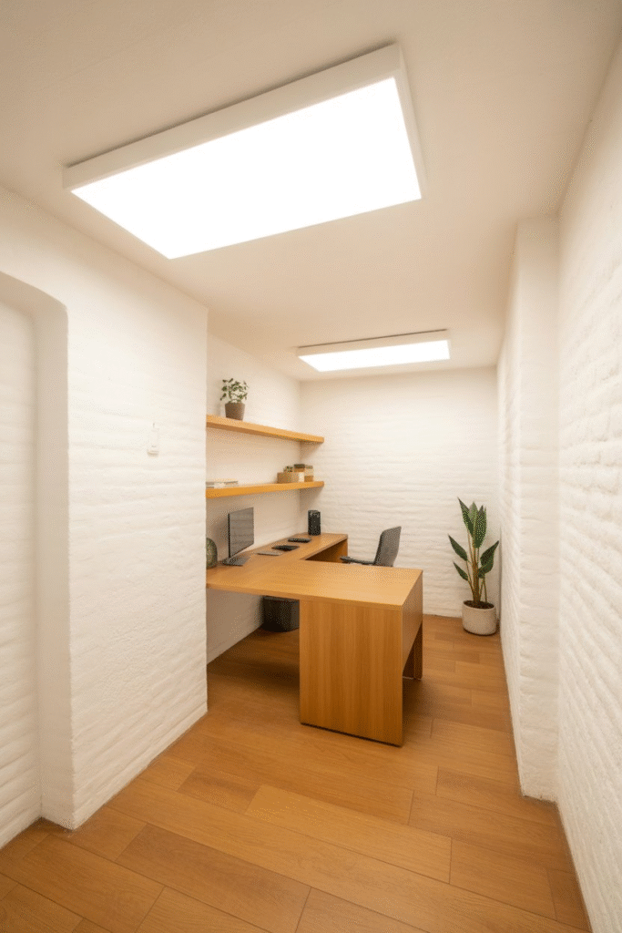 Bright basement office with soft white walls and natural wood tones for a spacious feel.