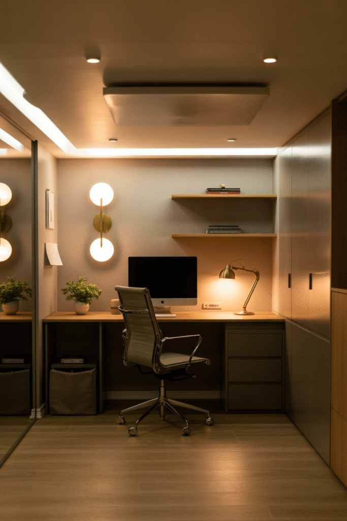 Basement office with no windows featuring layered lighting and warm LED illumination.