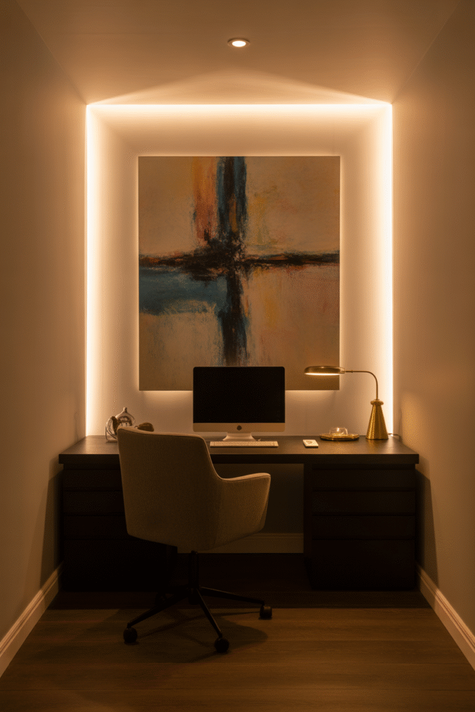 Windowless basement office with illuminated wall art serving as focal point.