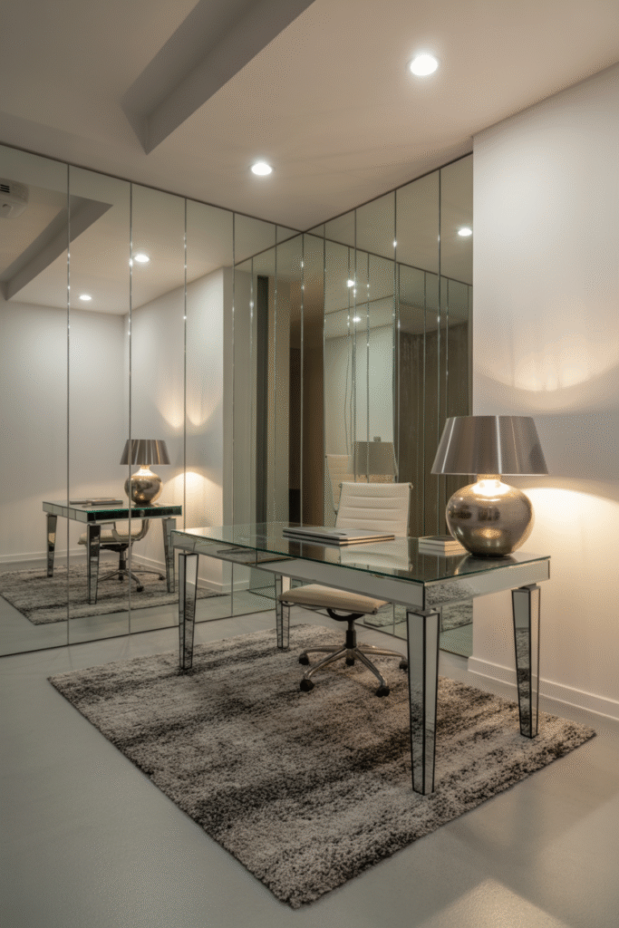Basement office with mirrored surfaces and metallic accents for enhanced brightness.
