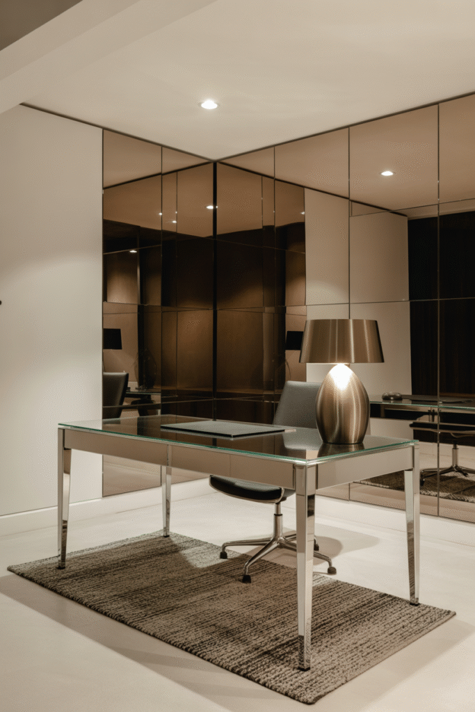 Basement office with mirrored surfaces and metallic accents for enhanced brightness.