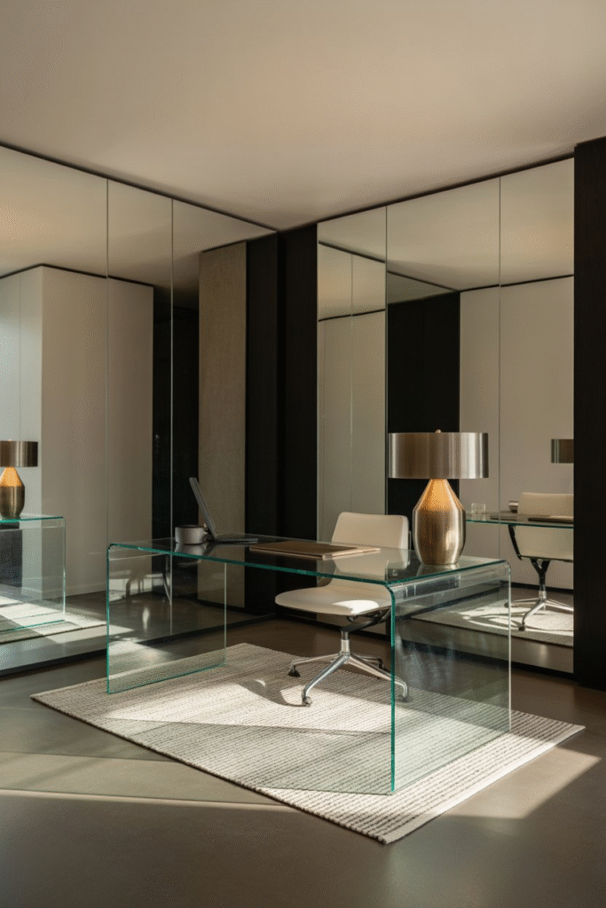 Basement office with mirrored surfaces and metallic accents for enhanced brightness.