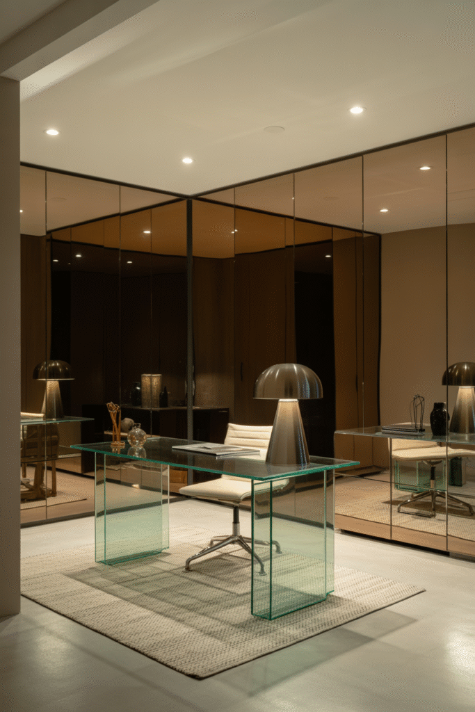 Basement office with mirrored surfaces and metallic accents for enhanced brightness.