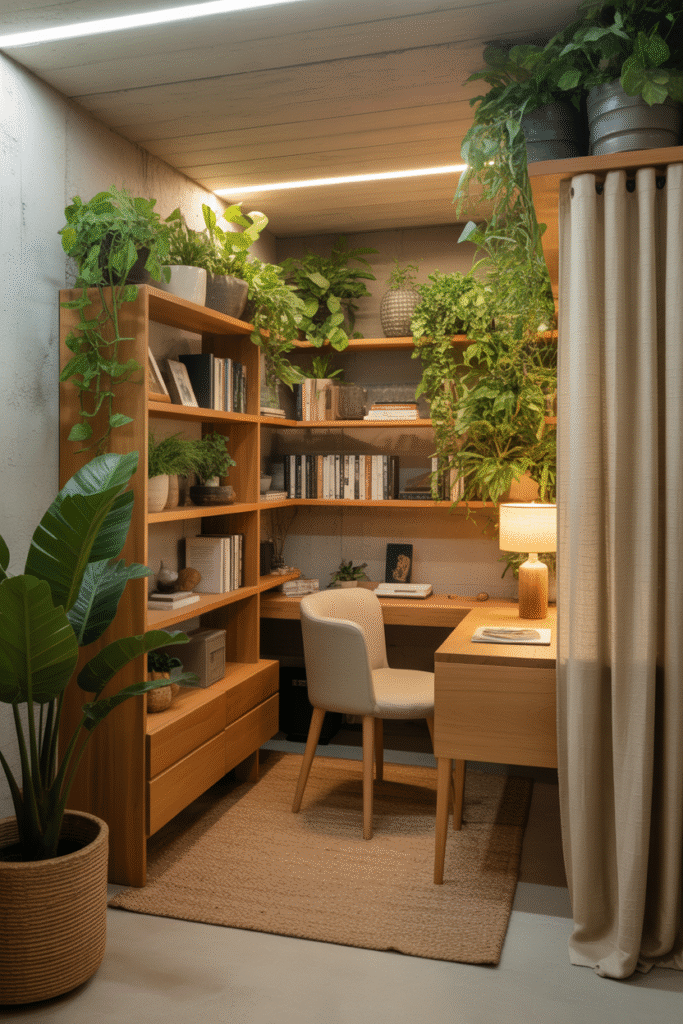 Basement home office with greenery and natural textures to evoke outdoor freshness.