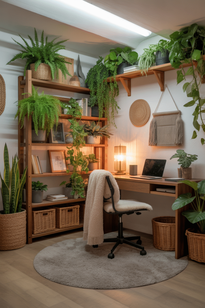 Basement home office with greenery and natural textures to evoke outdoor freshness.