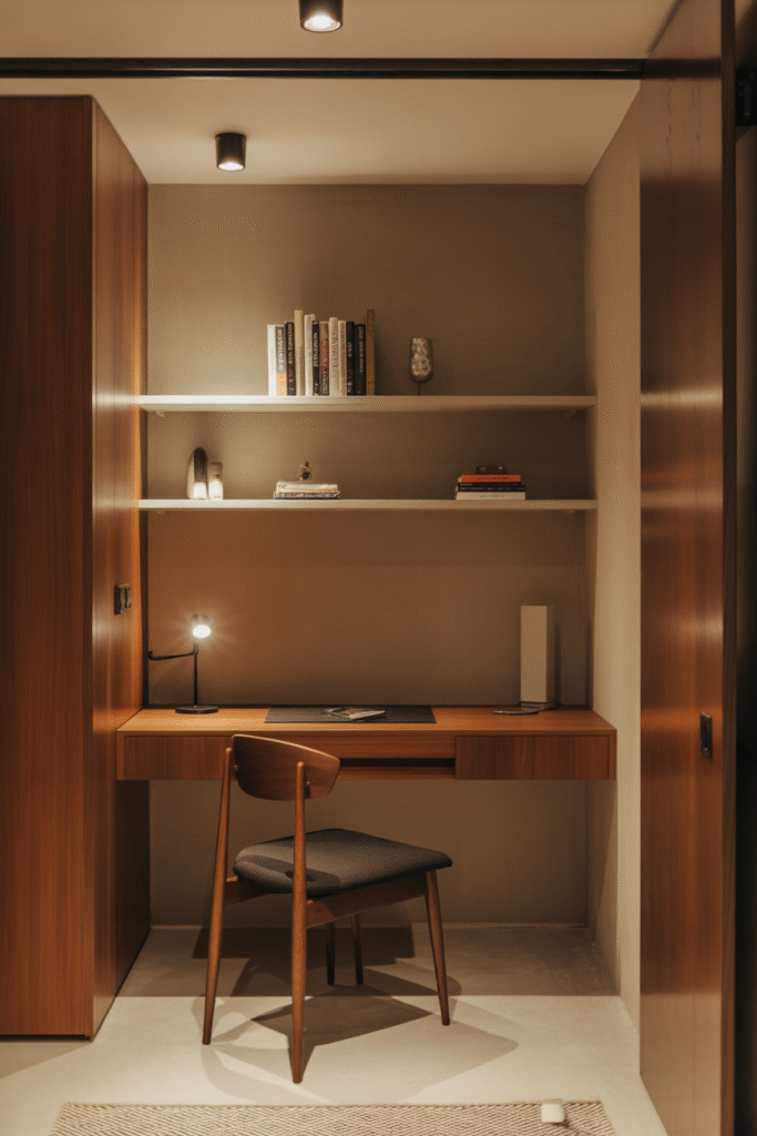 Modern low-profile desk setup maximizing vertical height in a basement office.