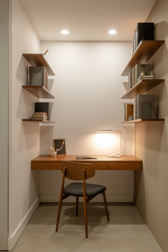 Modern low-profile desk setup maximizing vertical height in a basement office.