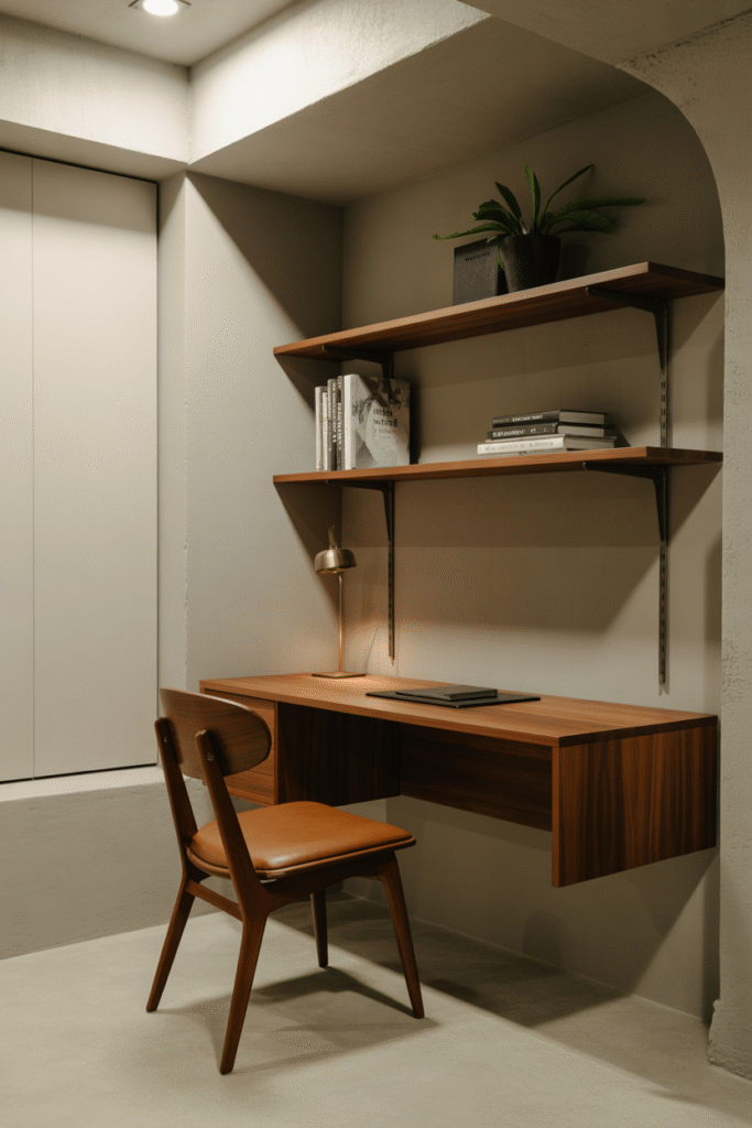Modern low-profile desk setup maximizing vertical height in a basement office.