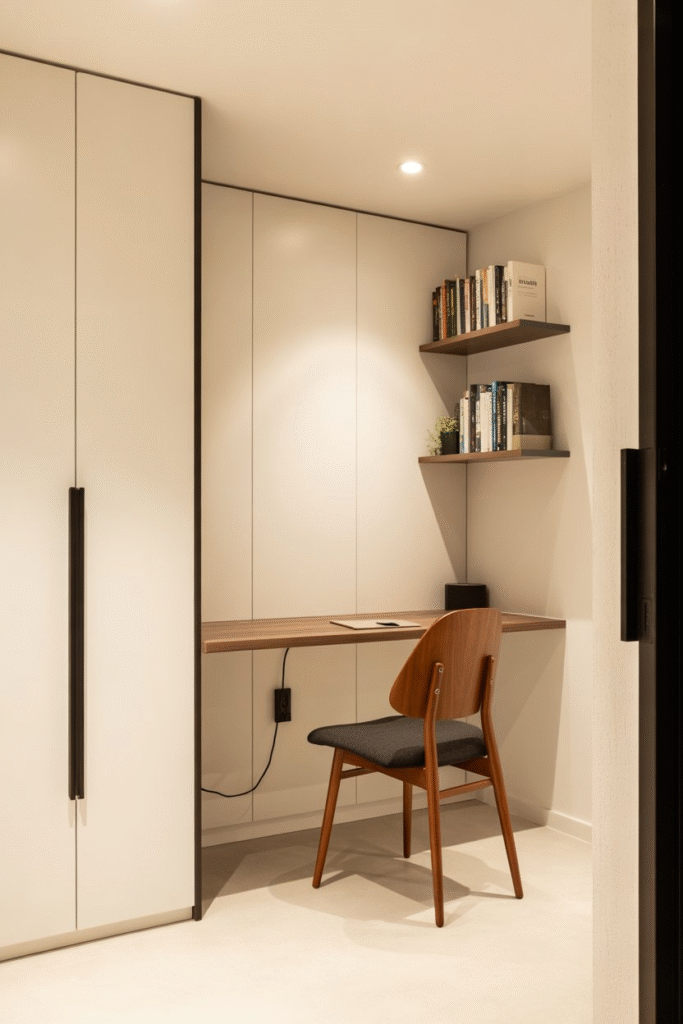 Modern low-profile desk setup maximizing vertical height in a basement office.