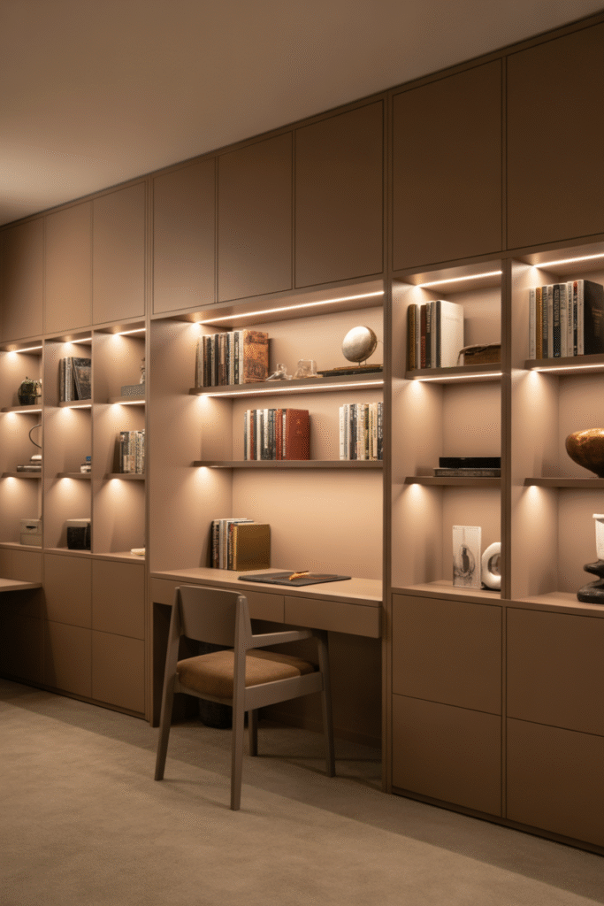 Basement office featuring built-in wall storage with integrated LED lighting.