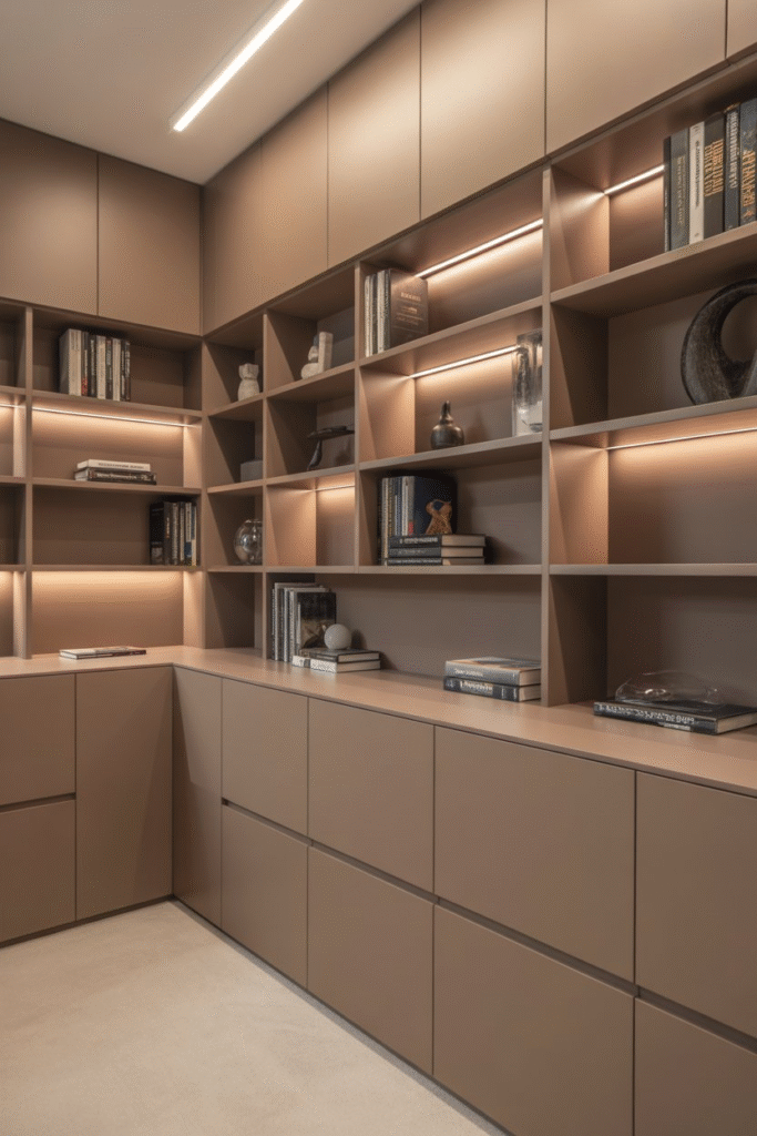 Basement office featuring built-in wall storage with integrated LED lighting.