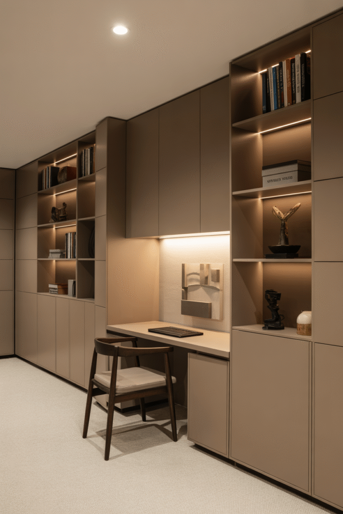 Basement office featuring built-in wall storage with integrated LED lighting.