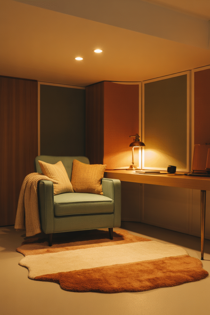 Sound-softened basement office with layered textiles and cozy textures.
