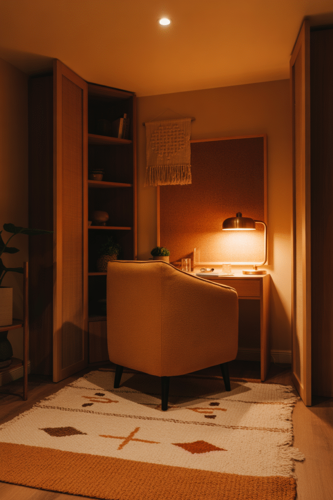 Sound-softened basement office with layered textiles and cozy textures.