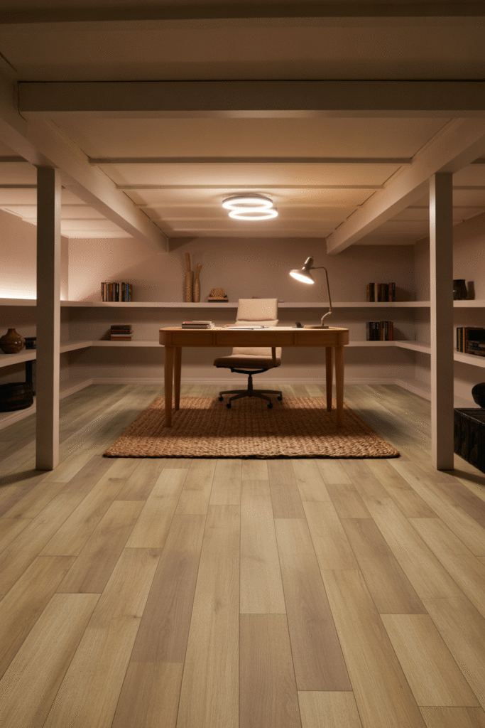 Basement office with vinyl wood flooring and plush rug creating a warm workspace.