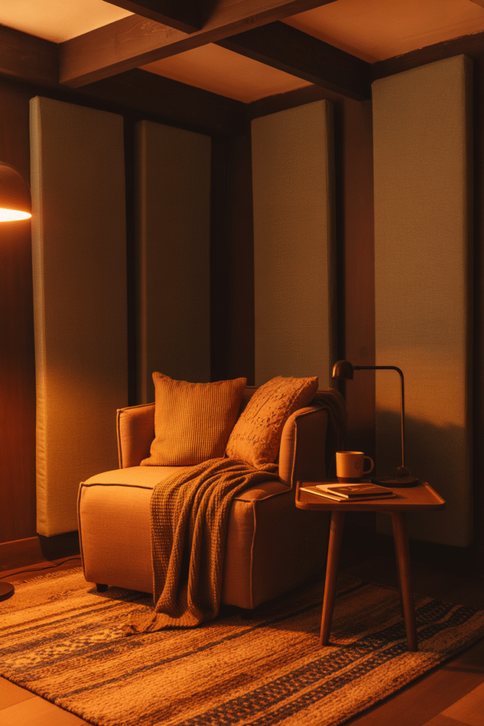 Sound-softened basement office with layered textiles and cozy textures.