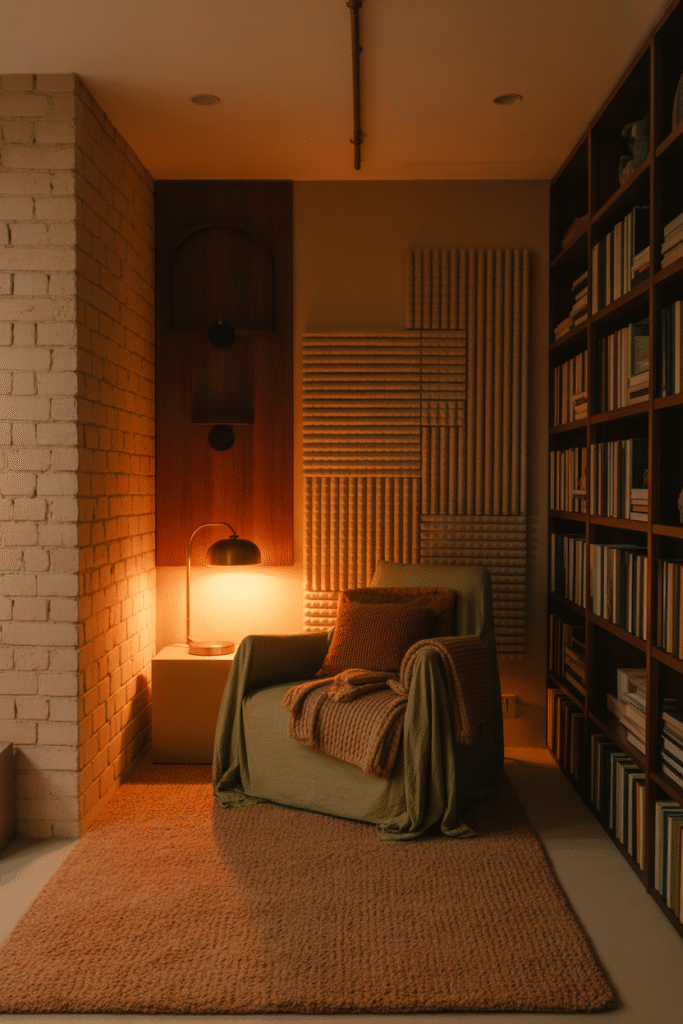 Sound-softened basement office with layered textiles and cozy textures.