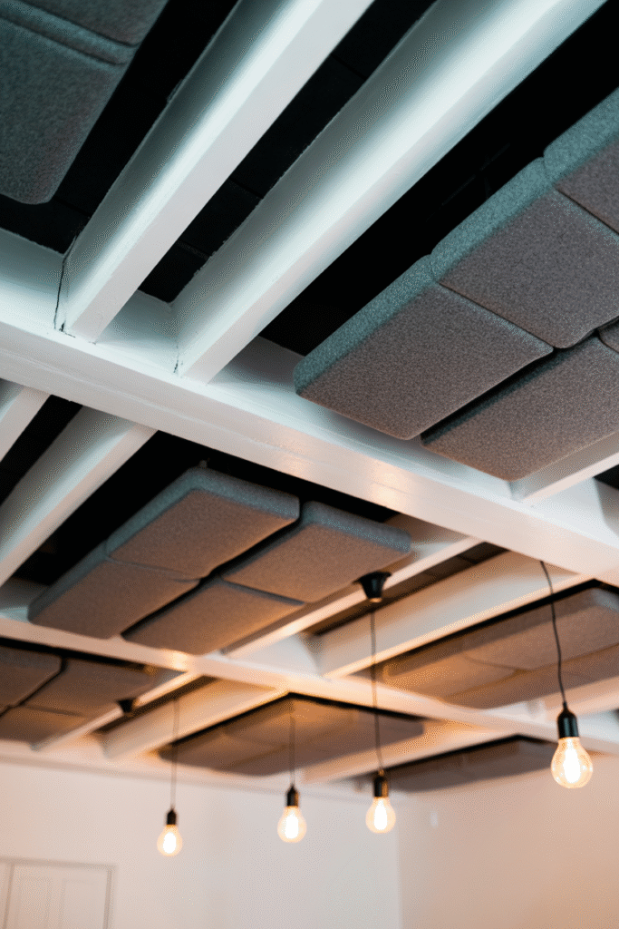 Basement home office with painted exposed ceiling beams and acoustic detail.
