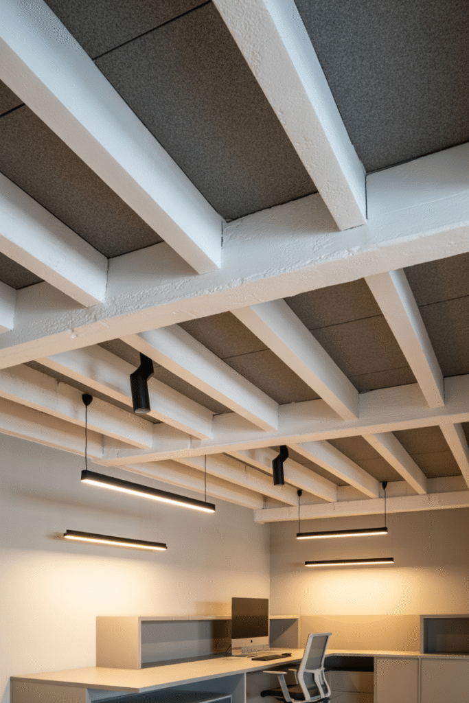 Basement home office with painted exposed ceiling beams and acoustic detail.