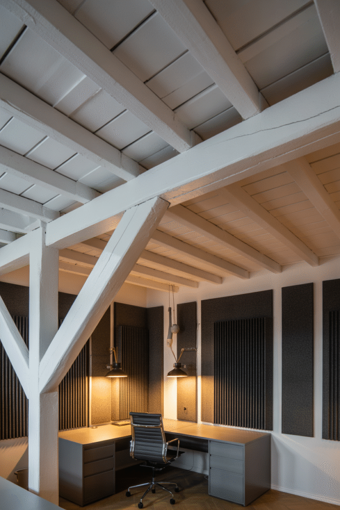 Basement home office with painted exposed ceiling beams and acoustic detail.