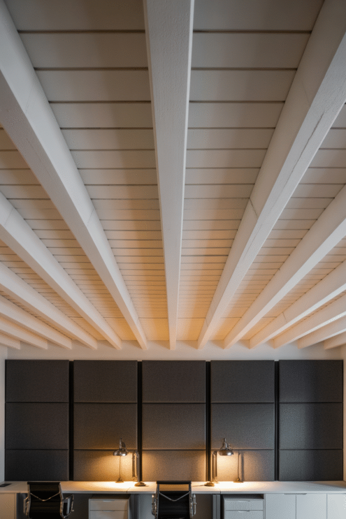Basement home office with painted exposed ceiling beams and acoustic detail.