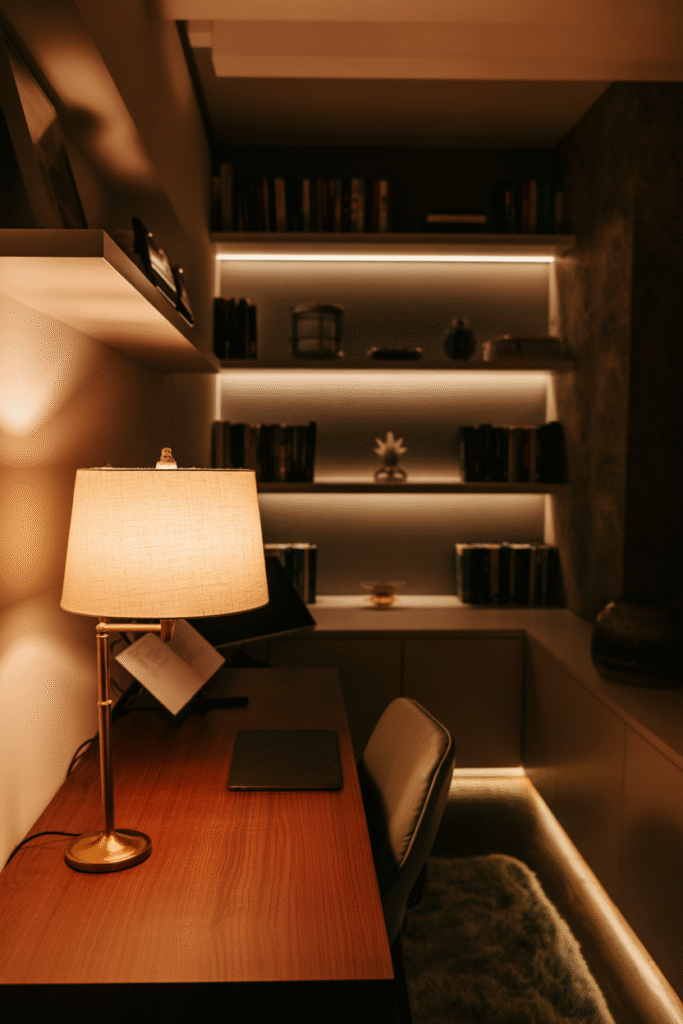 Cozy basement office illuminated by ambient table lamp and soft backlighting.