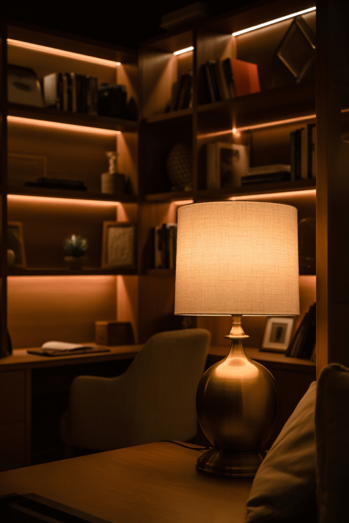 Cozy basement office illuminated by ambient table lamp and soft backlighting.