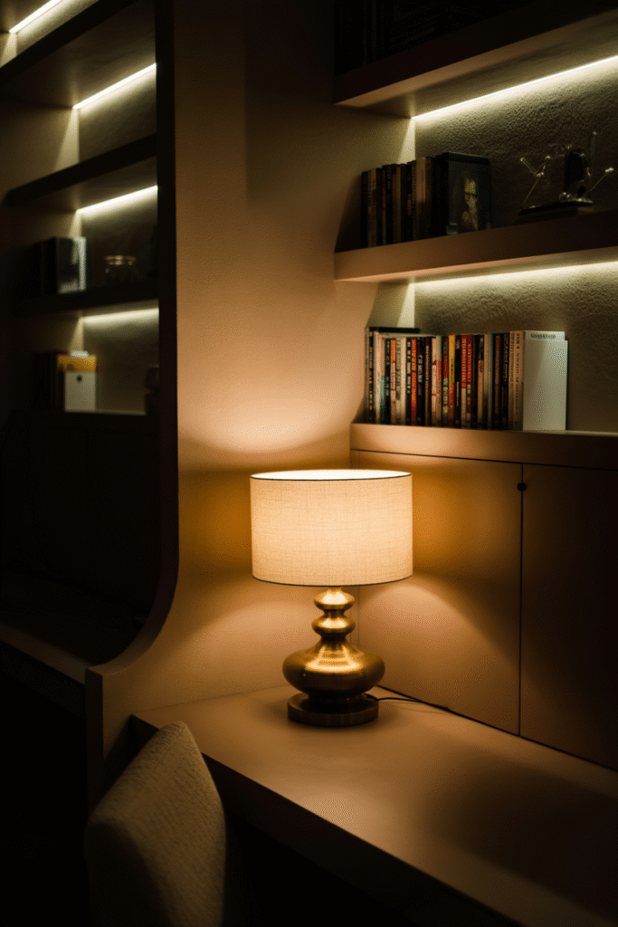 Cozy basement office illuminated by ambient table lamp and soft backlighting.