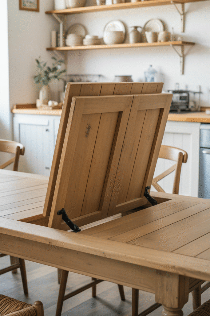 Expandable French farmhouse dining table showing hidden leaf extension in cottage kitchen.