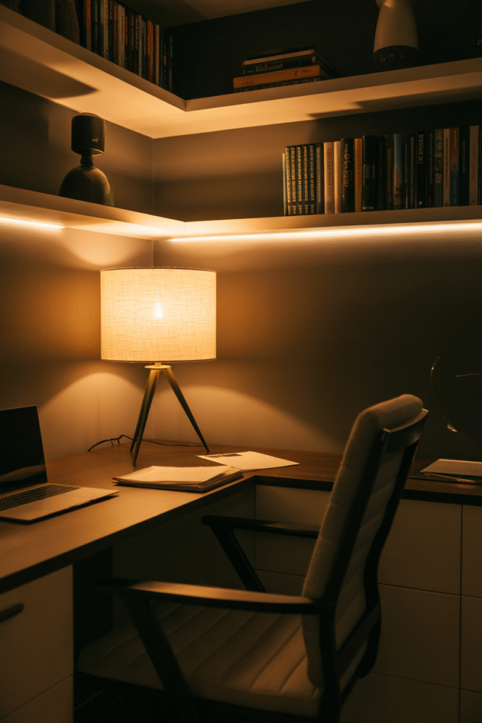 Cozy basement office illuminated by ambient table lamp and soft backlighting.